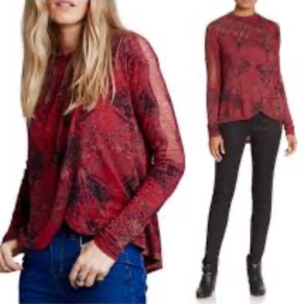 Free People Nouveau Draped Tulip Long Sleeve Blouse Top Burgundy S